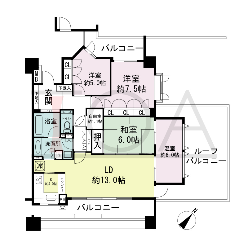 パークスクエア神戸山本通の間取り図 1戸 南東角住戸
3LDK+C+F 専有面積95.18m2
バルコニー面積23.94m2
ルーフバルコニー面積23.60m2
アルコーブ面積3.13m2
