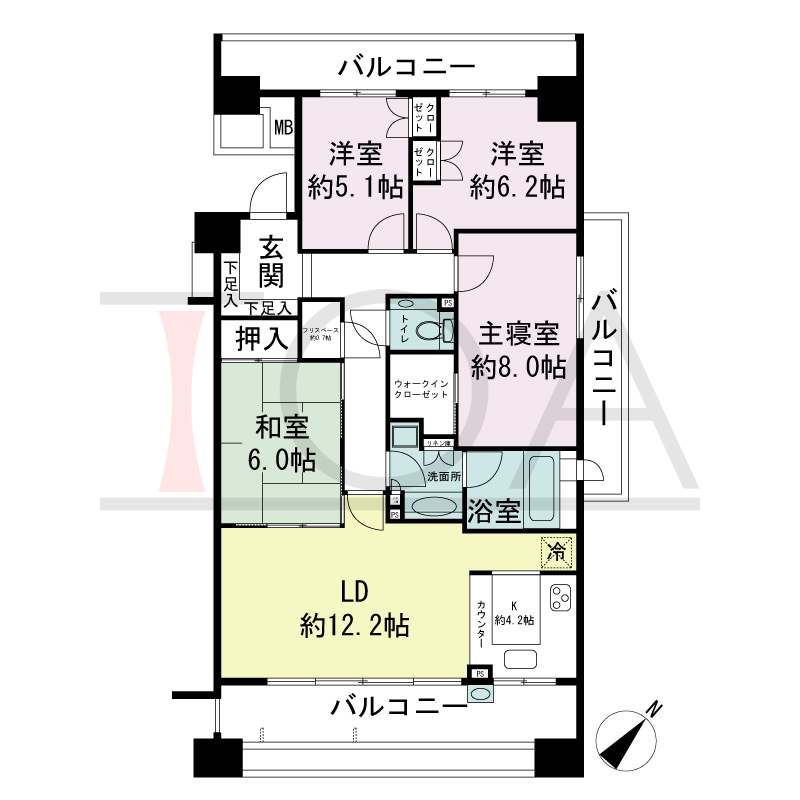 パークスクエア神戸山本通の間取り図 全2戸 南東角住戸
4LDK+F 専有面積95.25m2
バルコニー面積30.96m2
アルコーブ面積2.55m2