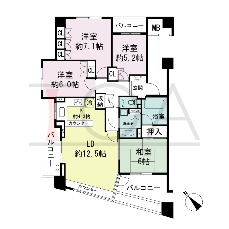 パークスクエア神戸山本通の間取り図 全4戸 北西角住戸
4LDK 専有面積90.24m2
バルコニー面積19.25m2
アルコーブ面積6.82m2