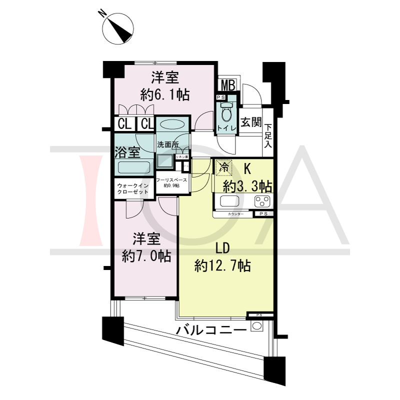 パークスクエア神戸山本通の間取り図 全3戸 南西向き住戸
2LDK+F 専有面積65.23m2
バルコニー面積13.04m2
アルコーブ面積2.70m2