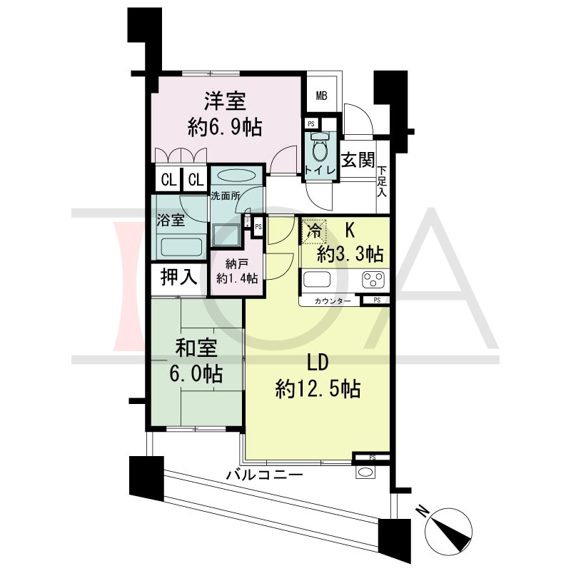 パークスクエア神戸山本通の間取り図 全4戸 南西向き住戸
2LDK+F 専有面積65.23m2
バルコニー面積13.04m2
アルコーブ面積2.70m2