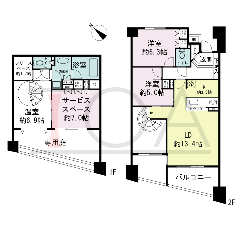 パークスクエア神戸山本通の間取り図 1戸 南西向き住戸
2LDK+F 専有面積96.00m2
バルコニー面積7.87m2
パティオ面積16.73m2
アルコーブ面積2.70m2