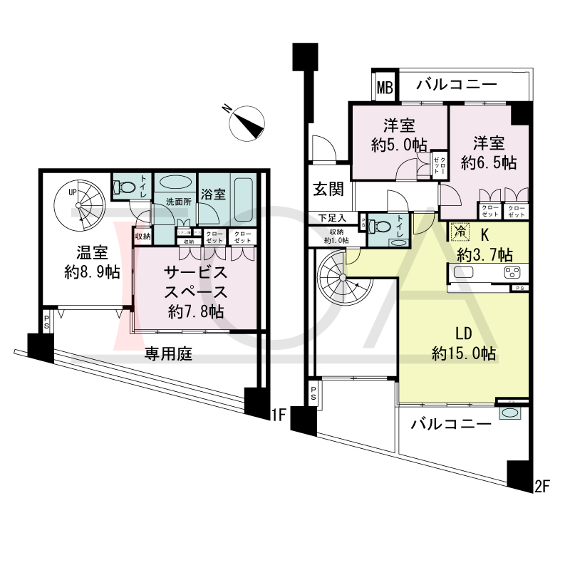 パークスクエア神戸山本通の間取り図 1戸 南西角住戸
2LDK+S+C+F
専有面積100.84m2
バルコニー面積15.82m2
パティオ面積15.95m2
アルコーブ面積3.00m2