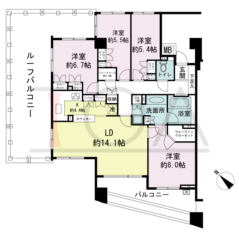 パークスクエア神戸山本通の間取り図 1戸 南西角住戸
4LDK+F 専有面積101.90m2
バルコニー面積14.12m2
ルーフバルコニー面積36.13m2
アルコーブ面積2.88m2