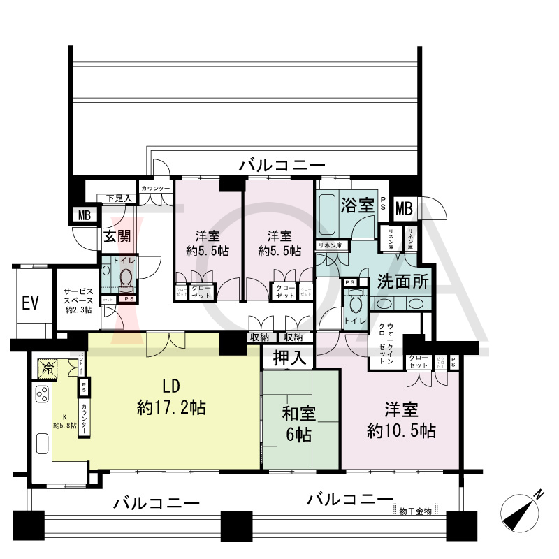パークスクエア神戸山本通の間取り図 1戸 南東向き住戸
4LDK+F 専有面積131.42m2
バルコニー面積28.45m2
サービスバルコニー面積8.28m2
アルコーブ面積1.44m2