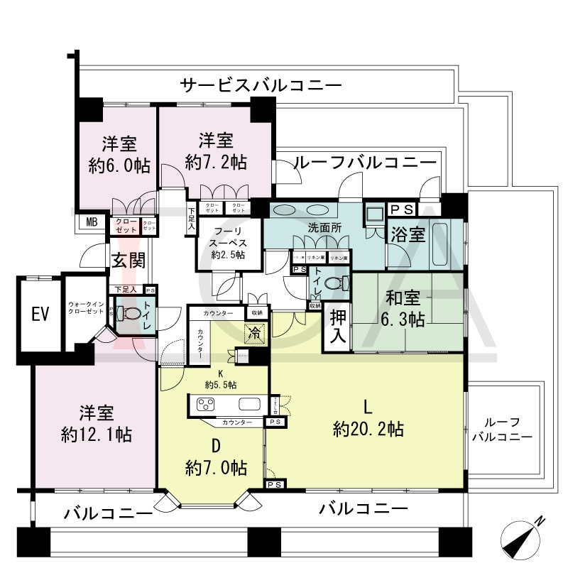 パークスクエア神戸山本通の間取り図 1戸 南東角住戸
4LDK+F 専有面積151.22m2
バルコニー面積27.37m2
ルーフバルコニー面積16.50m2
サービスバルコニー面積7.87m2
アルコーブ面積1.44m2