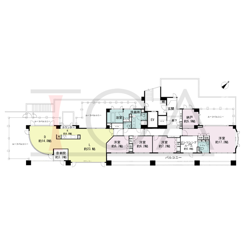 パークスクエア神戸山本通の間取り図 1戸 南西東角住戸
4LDK+C+DEN+DR+2F
専有面積221.39m2
バルコニー面積44.44m2
ルーフバルコニー面積84.61m2
アルコーブ面積2.04m2