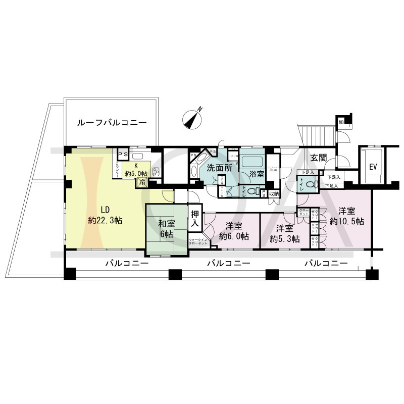 パークスクエア神戸山本通の間取り図 1戸 南西角住戸
4LDK+F 専有面積140.27m2
バルコニー面積40.49m2
ルーフバルコニー面積17.05m2
アルコーブ面積2.40m2