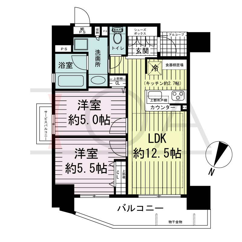 ザ・神戸北野レジデンスの間取り図 全7戸 北東角住戸
2LDK