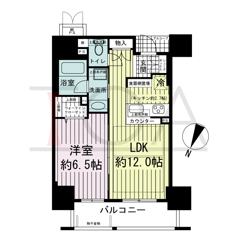 ザ・神戸北野レジデンスの間取り図 全7戸 北向き住戸
1LDK 専有面積43.16m2
バルコニー面積6.76m2
アルコーブ面積1.36m2