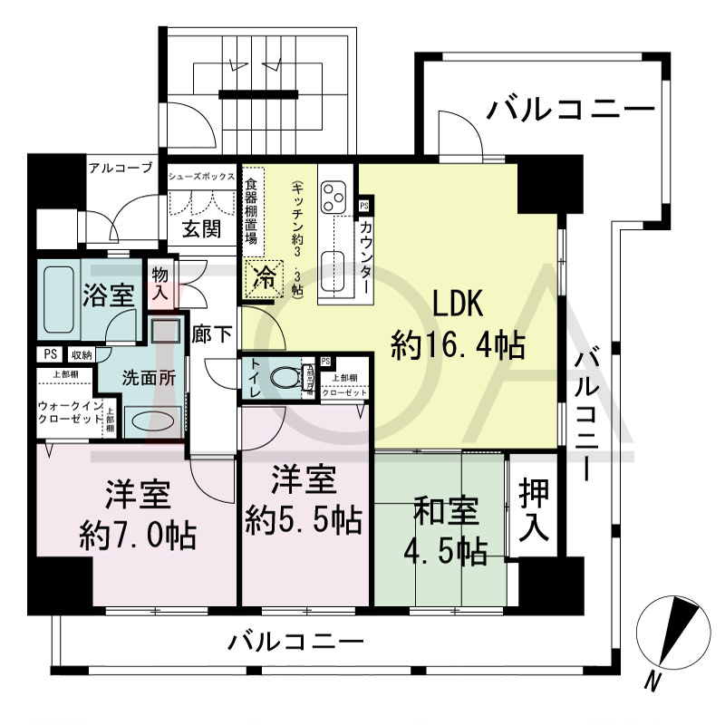 ザ・神戸北野レジデンスの間取り図 全7戸 北西角住戸
3LDK 専有面積75.20m2
バルコニー面積27.03m2
アルコーブ面積2.46m2