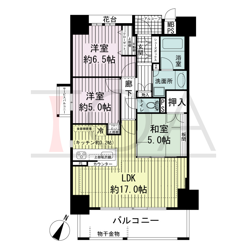 ザ・神戸北野レジデンスの間取り図 全6戸 南西角住戸
3LDK 専有面積73.13m2
バルコニー面積11.70m2
サービスバルコニー面積1.19m2
アルコーブ面積1.83m2
