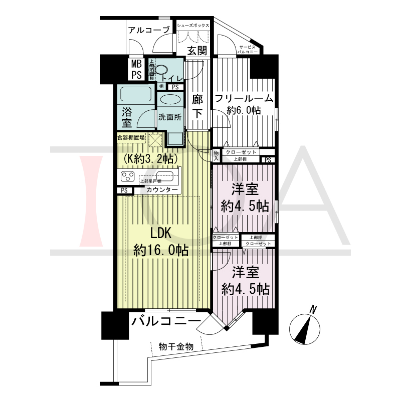 ザ・神戸北野レジデンスの間取り図 全7戸 南東角住戸
2LDK+F 専有面積66.60m2
バルコニー面積10.69m2
サービスバルコニー面積1.74m2
アルコーブ面積2.80m2