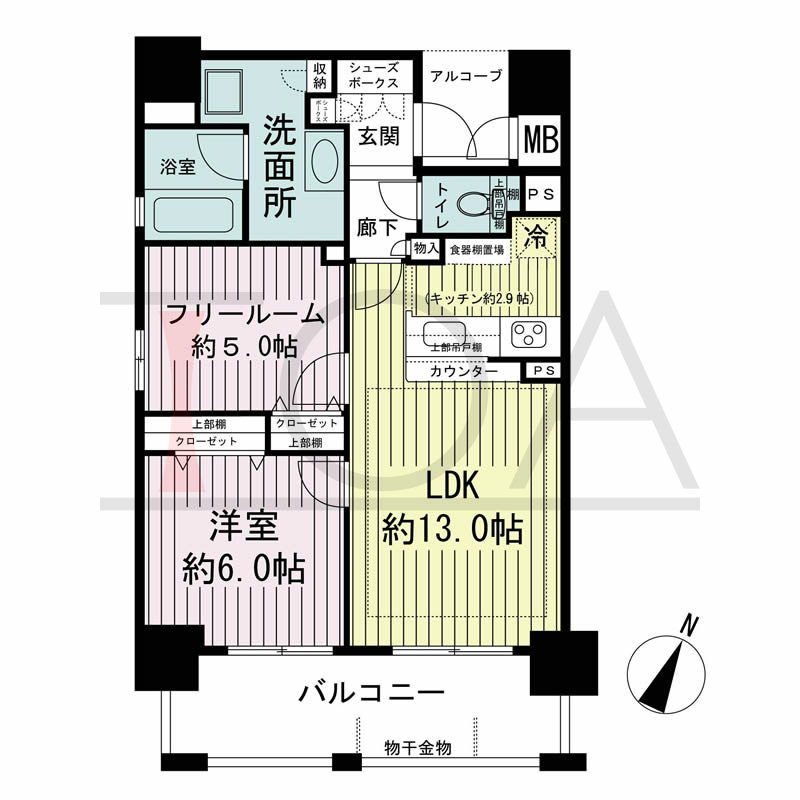 ザ・神戸北野レジデンスの間取り図 全5戸 南西角住戸
1LDK+F 専有面積55.89m2
バルコニー面積10.37m2
アルコーブ面積2.55m2