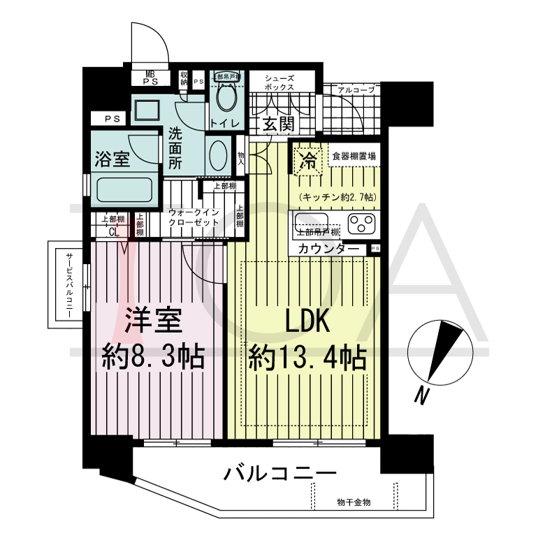 ザ・神戸北野レジデンスの間取り図 全7戸 北東角住戸
1LDK 専有面積50.39m2
バルコニー面積9.13m2
サービスバルコニー面積1.19m2
アルコーブ面積1.72m2