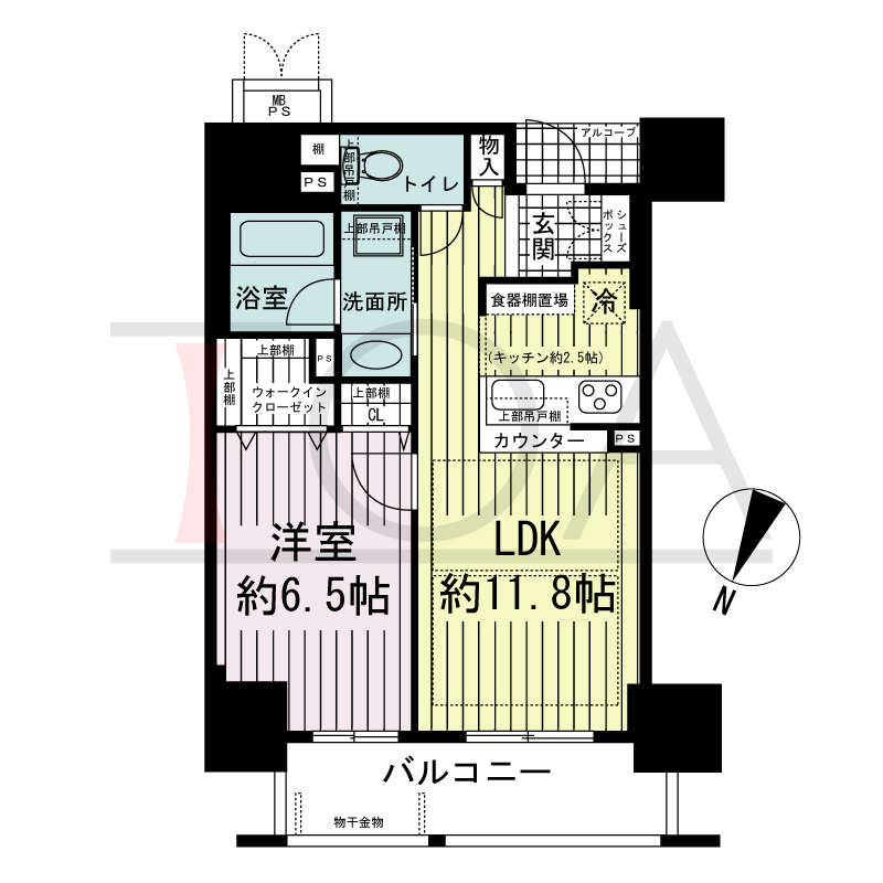 ザ・神戸北野レジデンスの間取り図 全7戸 北向き住戸
1LDK 専有面積43.16m2
バルコニー面積6.76m2
アルコーブ面積1.36m2