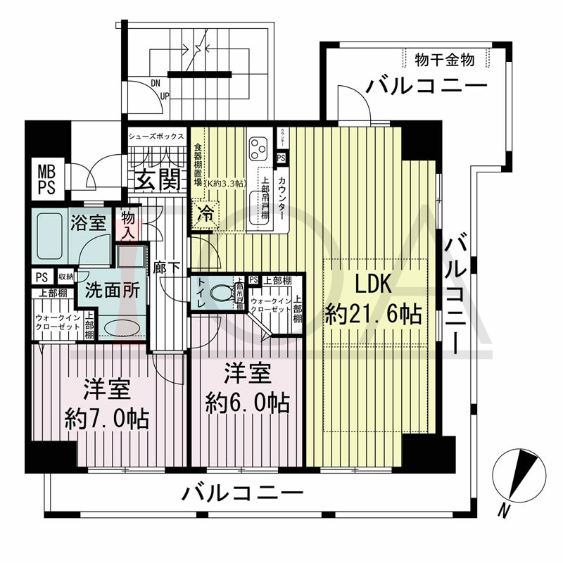 ザ・神戸北野レジデンスの間取り図 全7戸 北西角住戸
2LDK 専有面積75.20m2
バルコニー面積27.03m2
アルコーブ面積2.46m2