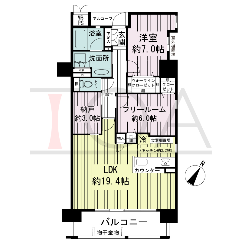ザ・神戸北野レジデンスの間取り図 全5戸 南東角住戸
1LDK+F+D 専有面積77.87m2
バルコニー面積10.37m2
アルコーブ面積1.96m2