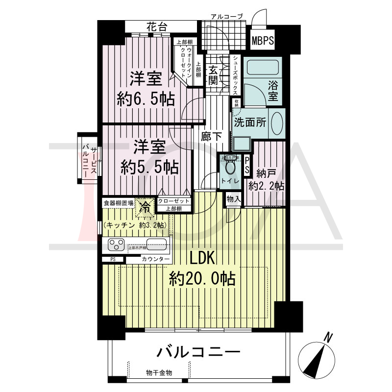 ザ・神戸北野レジデンスの間取り図 全6戸 南西角住戸
2LDK+D 専有面積73.13m2
バルコニー面積11.70m2
サービスバルコニー面積1.19m2
アルコーブ面積1.83m2