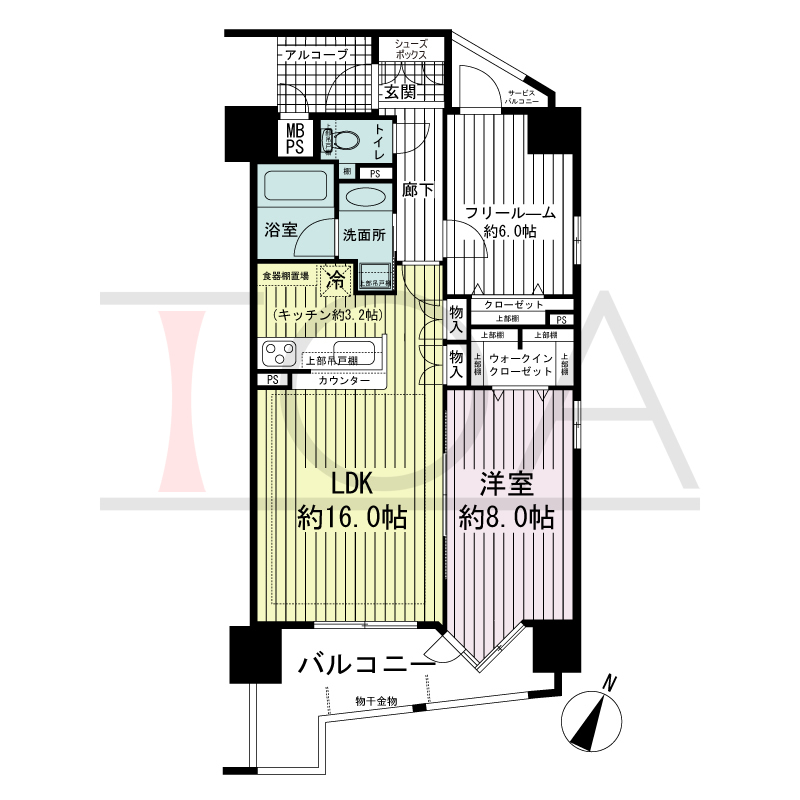 ザ・神戸北野レジデンスの間取り図 全6戸 南東角住戸
1LDK+F 専有面積66.60m2
バルコニー面積10.69m2