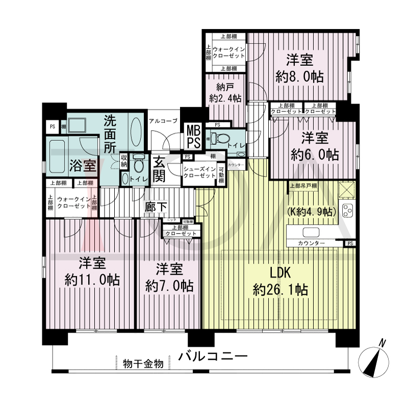 ザ・神戸北野レジデンスの間取り図 1戸 南西角住戸
4LDK+N 専有面積136.30m2
バルコニー面積20.74m2
アルコーブ面積2.55m2