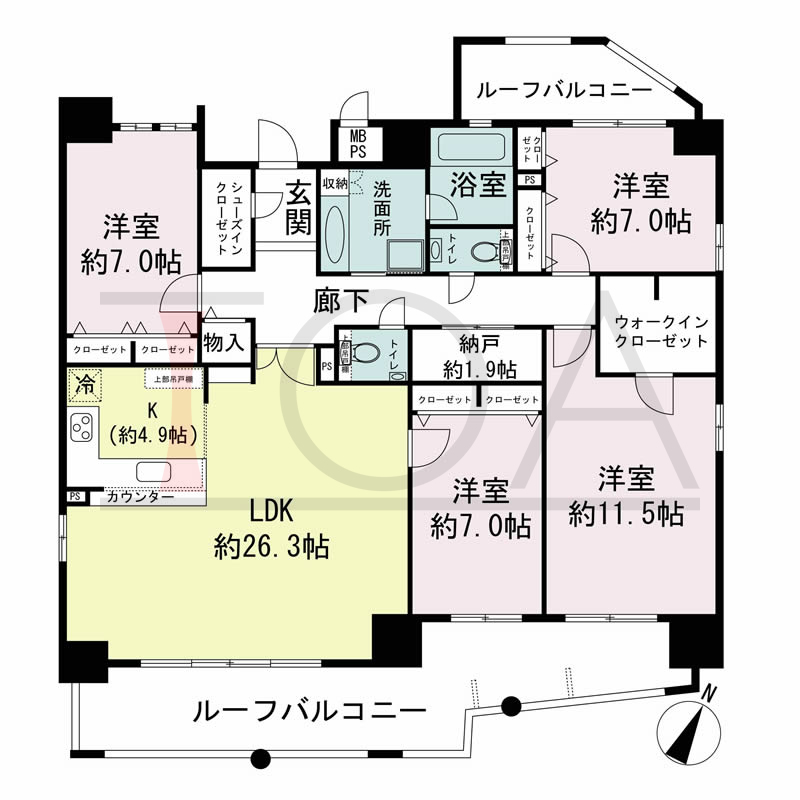 ザ・神戸北野レジデンスの間取り図 1戸 南東角住戸
4LDK+N 専有面積137.95m2
バルコニー面積28.66m2
アルコーブ面積2.48m2