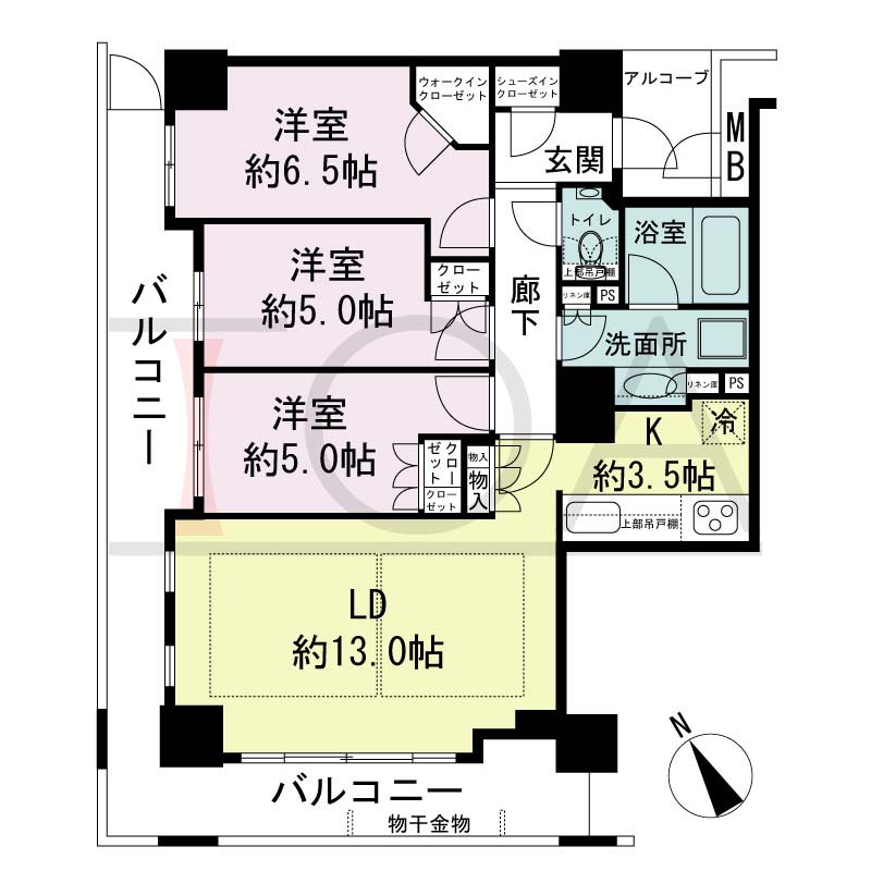 ザ・レジデンス神戸元町通の間取り図 全23邸　南西角住戸
3LDK　専有面積73.22m2
バルコニー面積20.69m2
アルコープ面積3.19m2