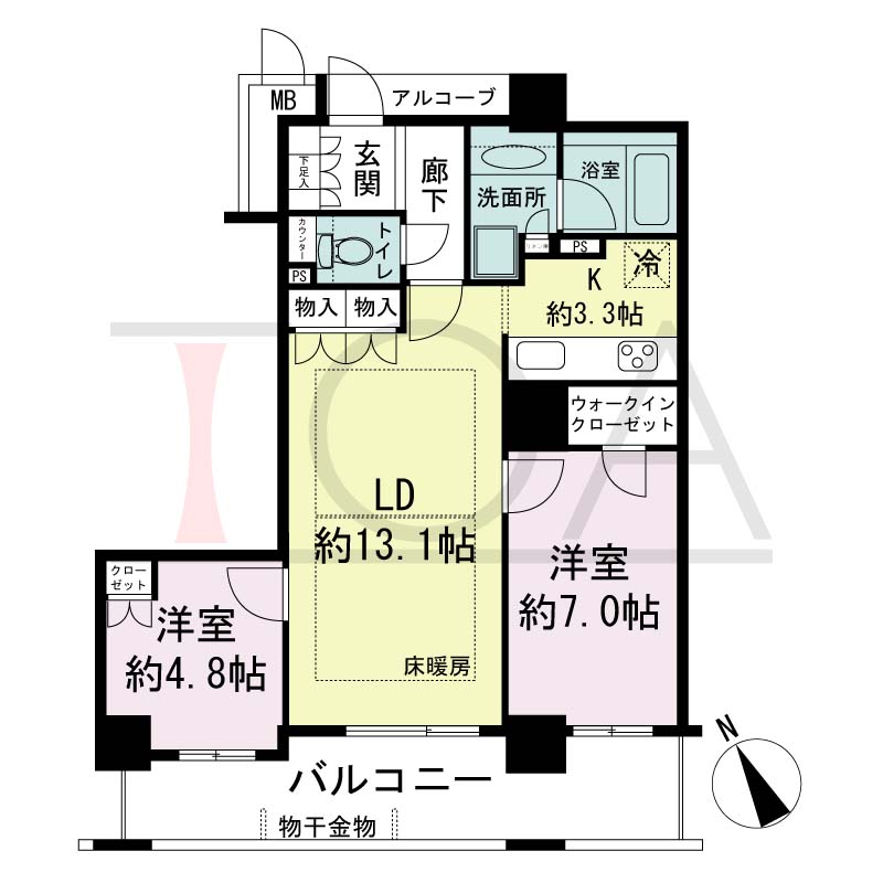 ザ・レジデンス神戸元町通の間取り図 全23邸　南西向き住戸
2LDK　専有面積63.95m2
バルコニー面積13.27m2
アルコープ面積2.15m2