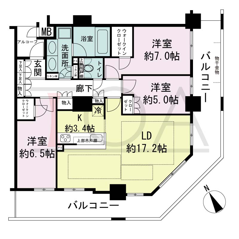 ザ・レジデンス神戸元町通の間取り図 全23邸　西南東角住戸
3LDK　専有面積88.95m2
バルコニー面積30.30m2
アルコープ面積2.70m2
