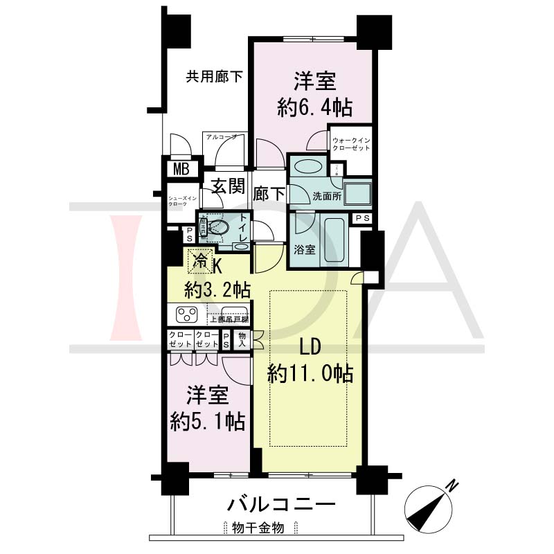 ザ・レジデンス神戸元町通の間取り図 全22邸　南東向き住戸
2LDK　専有面積59.14m2
バルコニー面積9.54m2
アルコープ面積1.32m2