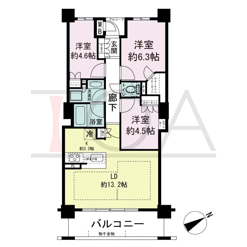 ザ・レジデンス神戸元町通の間取り図 全23邸　南東向き住戸
3LDK　専有面積70.61m2
バルコニー面積10.30m2
アルコープ面積1.54m2