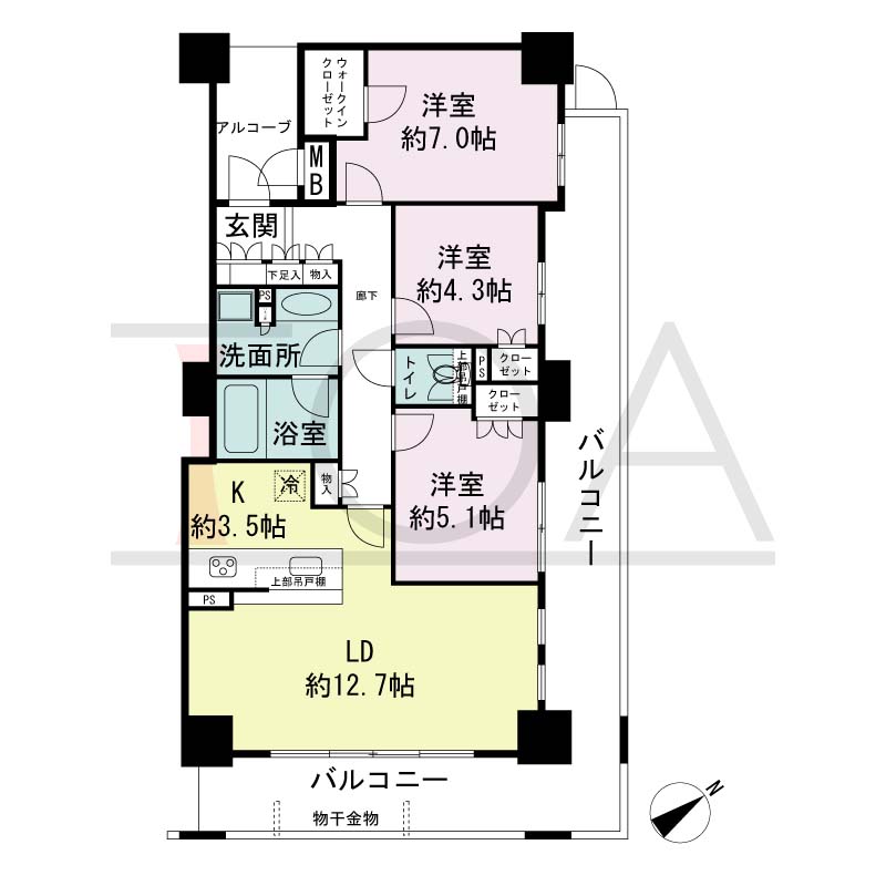 ザ・レジデンス神戸元町通の間取り図 全23邸　南東角住戸
3LDK　専有面積75.06m2
バルコニー面積26.12m2
アルコープ面積4.59m2