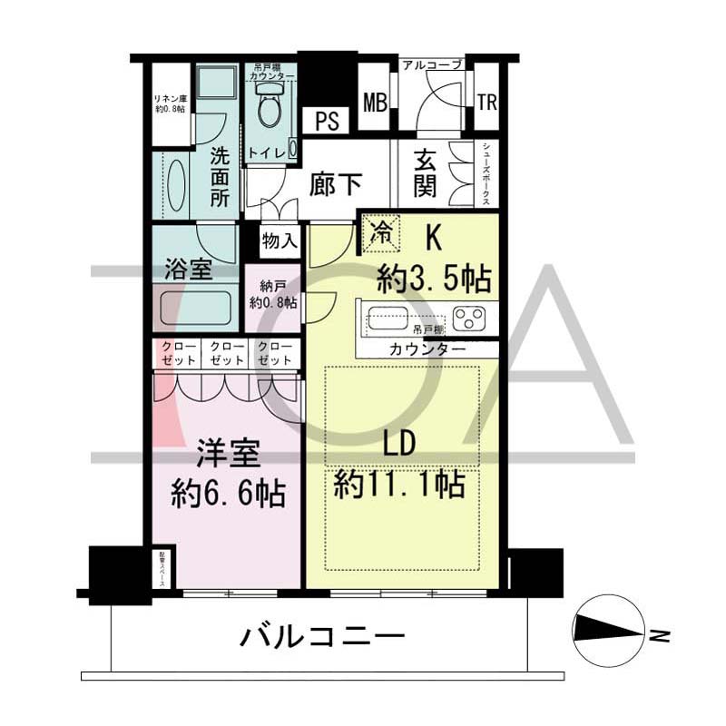 ザ・パークハウス神戸ハーバーランドタワーの間取り図 全18邸 東向き住戸
1LDK+N+L 専有面積56.17m2
バルコニー面積10.36m2
アルコープ面積1.82m2