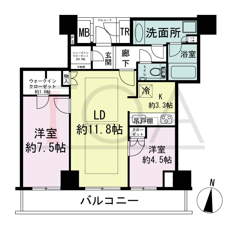 ザ・パークハウス神戸ハーバーランドタワーの間取り図 全17邸 南向き住戸
2LDK+SIC+WIC 専有面積65.59m2
バルコニー面積12.14m2
アルコープ面積1.82m2
