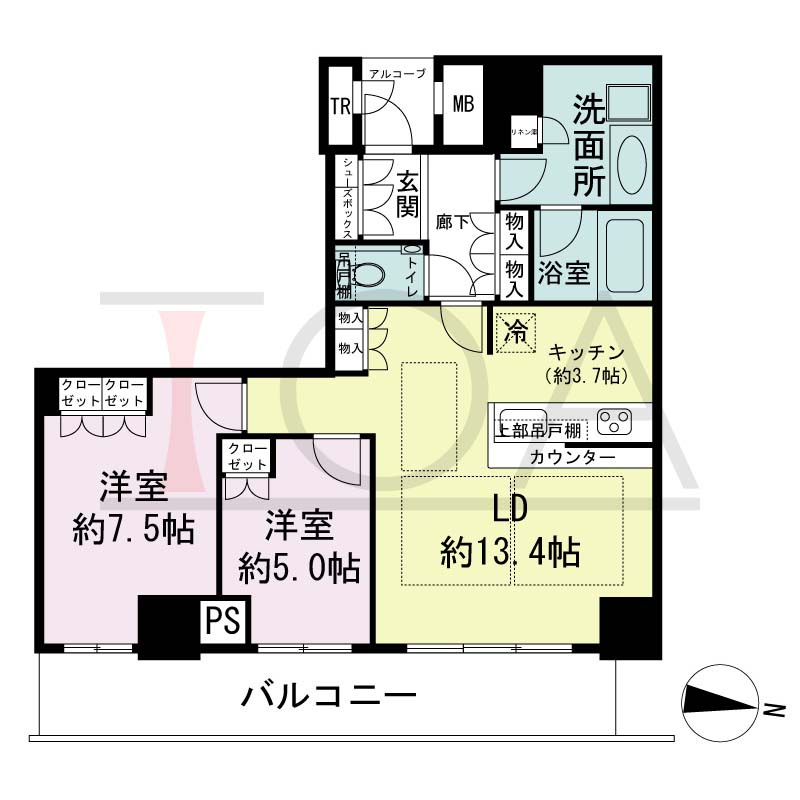 ザ・パークハウス神戸ハーバーランドタワーの間取り図 全18邸 東向き住戸
2LDK 専有面積68.10m2
バルコニー面積13.14m2
アルコープ面積1.82m2