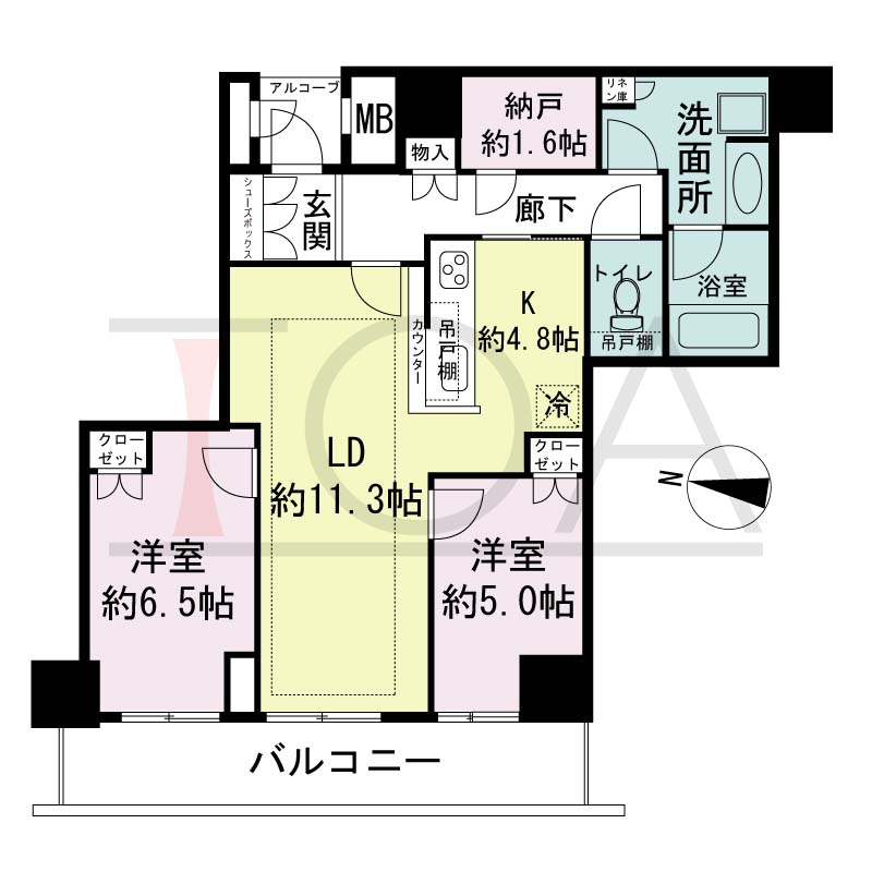 ザ・パークハウス神戸ハーバーランドタワーの間取り図 全16邸 西向き住戸
2LDK+N 専有面積68.85m2
バルコニー面積11.01m2
アルコープ面積1.82m2