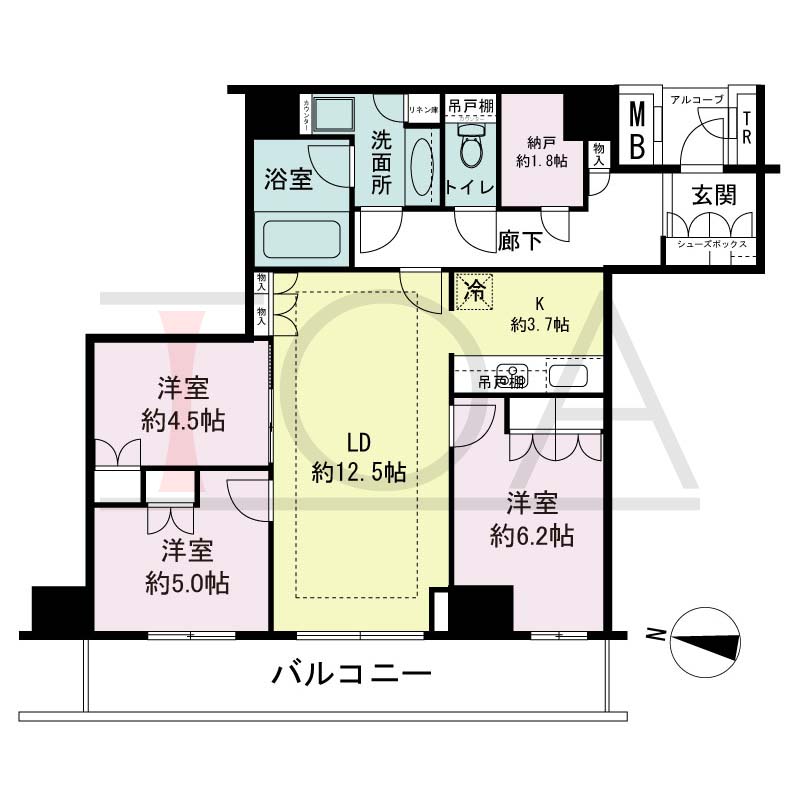 ザ・パークハウス神戸ハーバーランドタワーの間取り図 全16邸 西向き住戸
3LDK+N 専有面積78.85m2
バルコニー面積12.93m2
アルコープ面積1.82m2