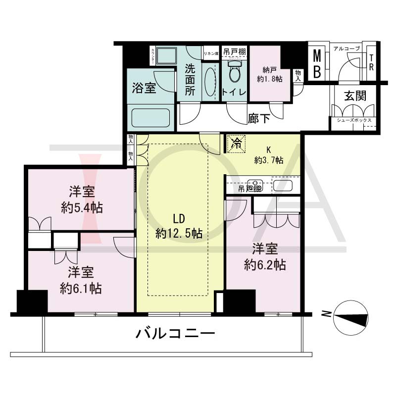 ザ・パークハウス神戸ハーバーランドタワーの間取り図 1邸 西向き住戸
3LDK+N 専有面積82.32m2
バルコニー面積12.93m2
アルコープ面積1.82m2