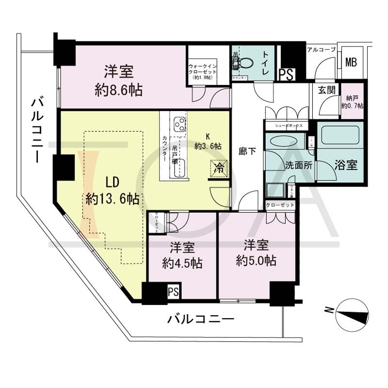 ザ・パークハウス神戸ハーバーランドタワーの間取り図 全4邸 北西角住戸
3LDK+N+WIC 専有面積85.51m2
バルコニー面積21.01m2
アルコープ面積1.91m2