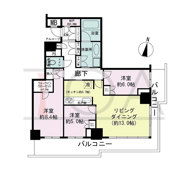 ザ・パークハウス神戸ハーバーランドタワーの間取り図 全18邸 南東角住戸
3LDK+N+WIC 専有面積86.69m2
バルコニー面積21.57m2
アルコープ面積1.91m2