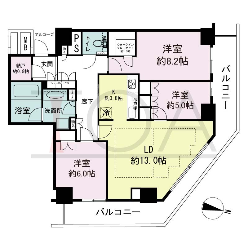 ザ・パークハウス神戸ハーバーランドタワーの間取り図 全4邸 北東角住戸
3LDK+N+WIC 専有面積87.90m2
バルコニー面積28.58m2
アルコープ面積1.91m2