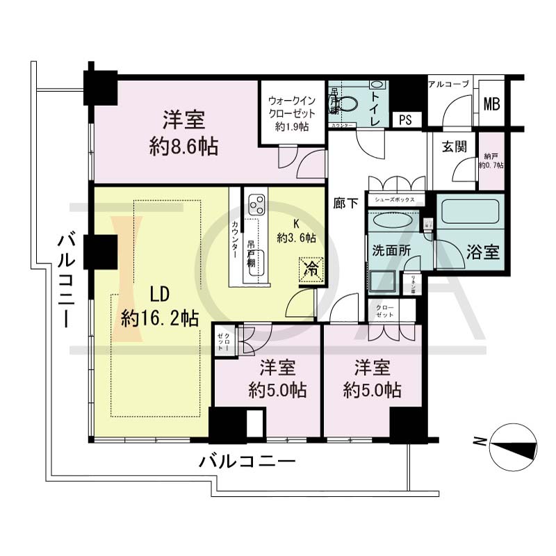ザ・パークハウス神戸ハーバーランドタワーの間取り図 全12邸 北西角住戸
3LDK+N+WIC 専有面積90.64m2
バルコニー面積23.44m2
アルコープ面積1.91m2