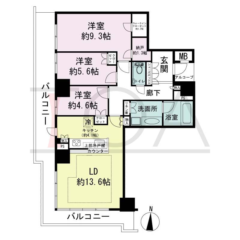 ザ・パークハウス神戸ハーバーランドタワーの間取り図 全17邸 南西角住戸
3LDK+N+WIC 専有面積90.70m2
バルコニー面積24.93m2
アルコープ面積1.91m2