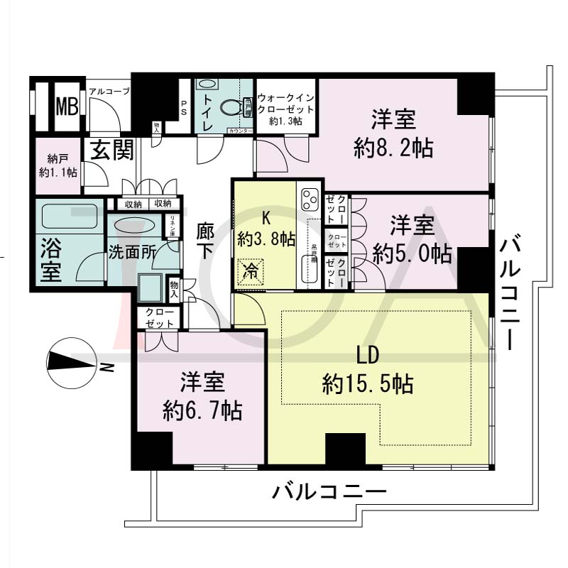 ザ・パークハウス神戸ハーバーランドタワーの間取り図 全14邸 北東角住戸
3LDK+N+WIC 専有面積93.04m2
バルコニー面積23.44m2
アルコープ面積1.91m2