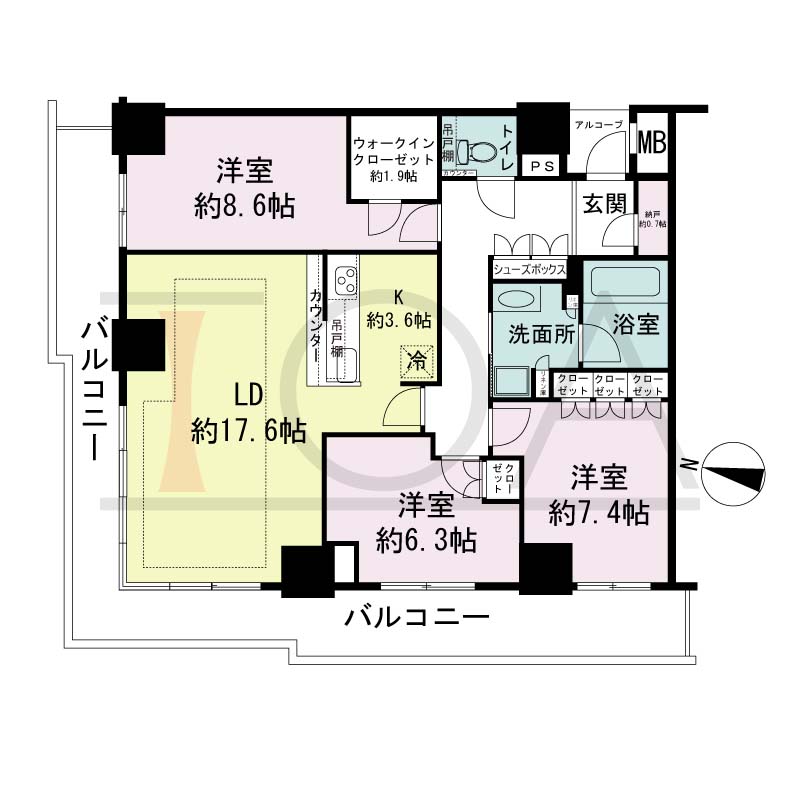 ザ・パークハウス神戸ハーバーランドタワーの間取り図 1邸 北西角住戸
3LDK+N+WIC 専有面積99.96m2
バルコニー面積27.42m2
アルコープ面積1.91m2