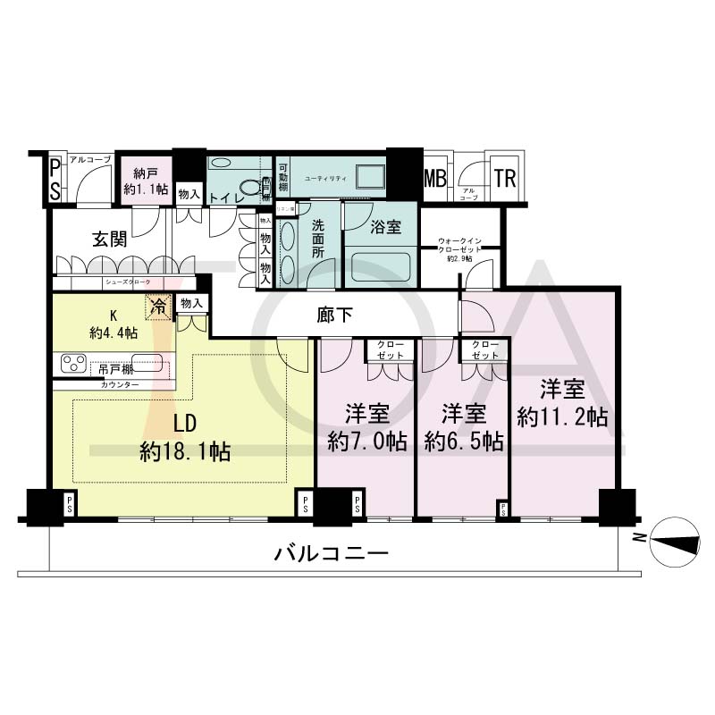 ザ・パークハウス神戸ハーバーランドタワーの間取り図 1邸 西向き住戸
3LDK+N+WIC+U 専有面積124.16m2
バルコニー面積20.82m2
アルコープ面積3.15m2