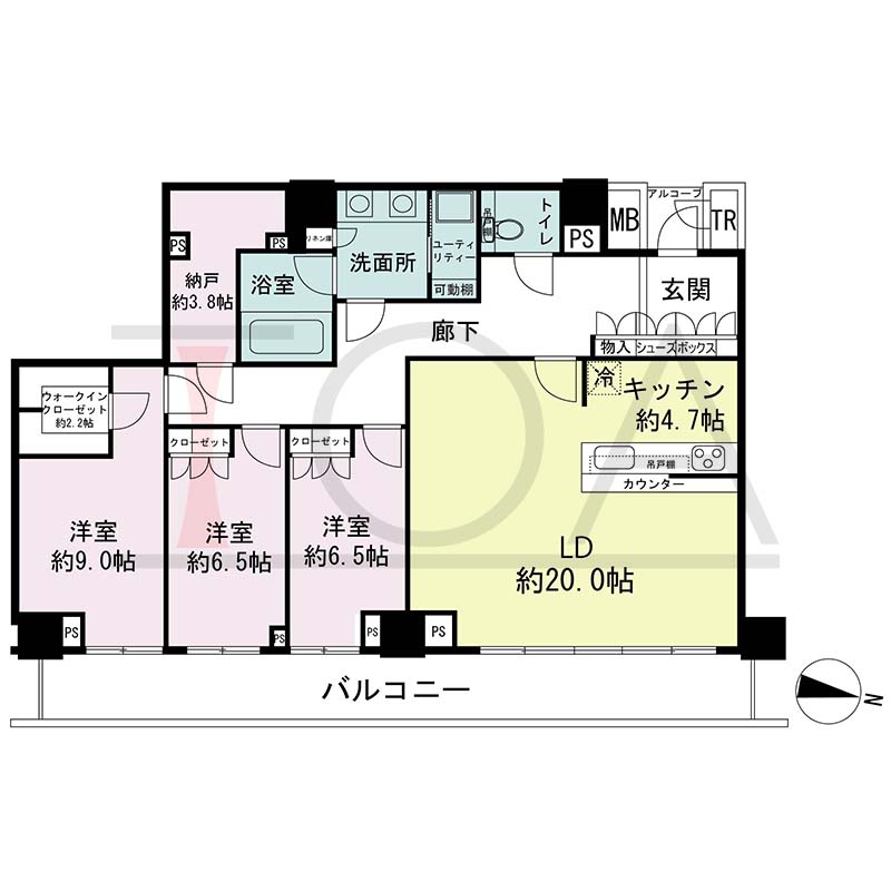 ザ・パークハウス神戸ハーバーランドタワーの間取り図 1邸 東向き住戸
3LDK+N+WIC+U 専有面積126.24m2
バルコニー面積20.68m2
アルコープ面積1.82m2