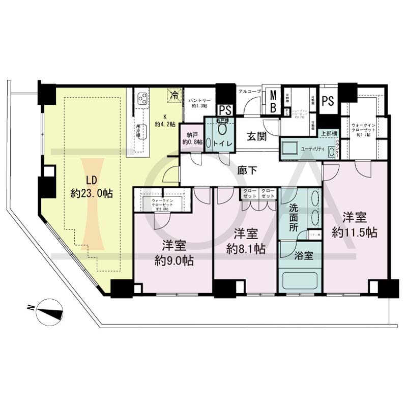 ザ・パークハウス神戸ハーバーランドタワーの間取り図 1邸 北西角住戸
3LDK+N+SIC+2WIC+P+U 専有面積140.14m2
バルコニー面積31.59m2
アルコープ面積1.91m2