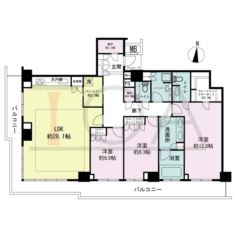 ザ・パークハウス神戸ハーバーランドタワーの間取り図 1邸 南西角住戸
3LDK+2N+WIC+P+U 専有面積142.54m2
バルコニー面積33.06m2
アルコープ面積1.91m2