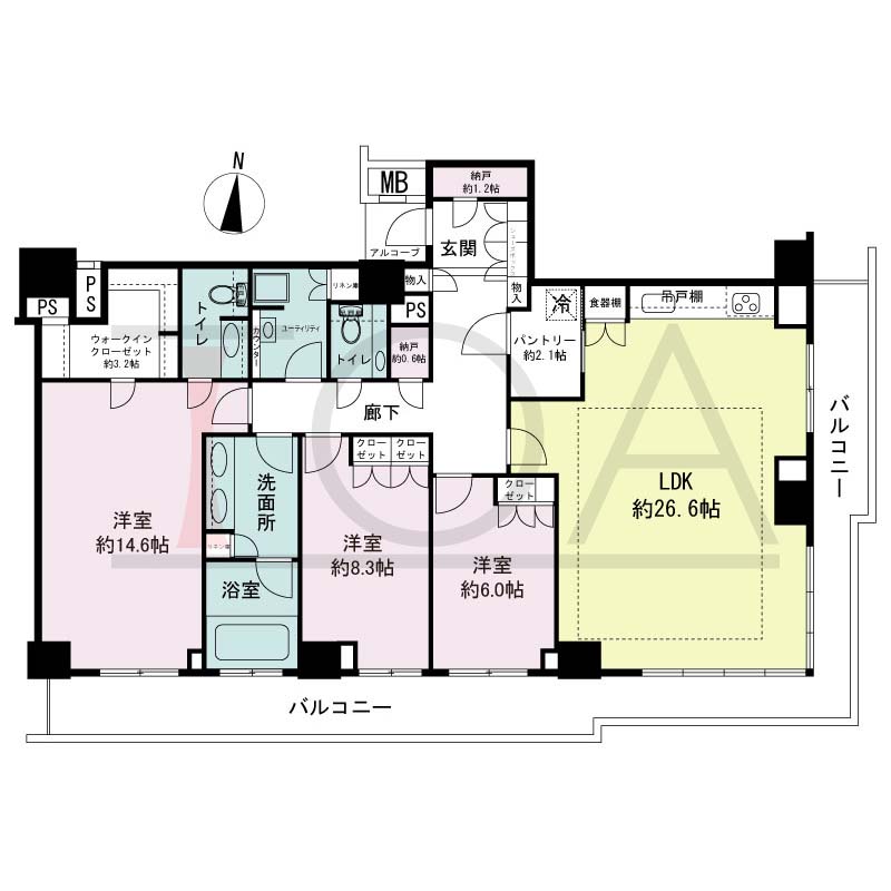 ザ・パークハウス神戸ハーバーランドタワーの間取り図 1邸 南東角住戸
3LDK+2N+WIC+P+U 専有面積143.18m2
バルコニー面積33.06m2
アルコープ面積1.91m2